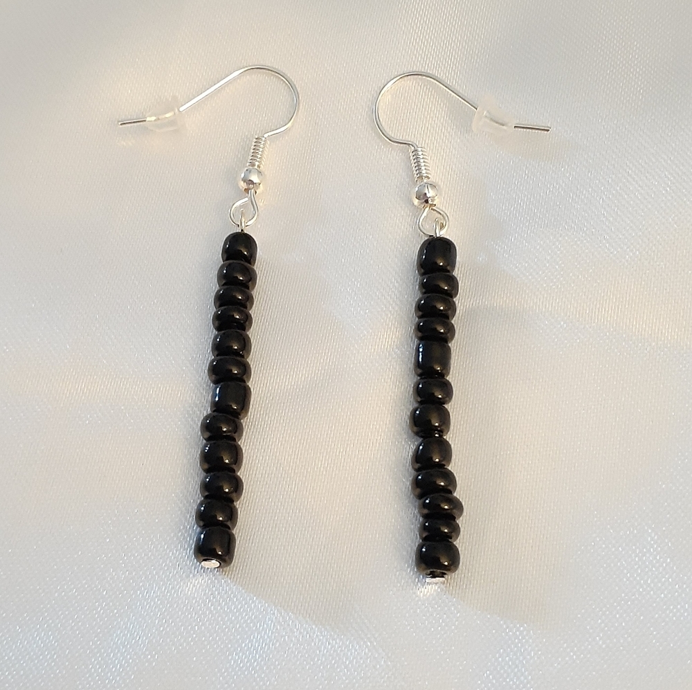Black Dangle Earrings Stacked Silver Plated Hook handmade drop line bar earring